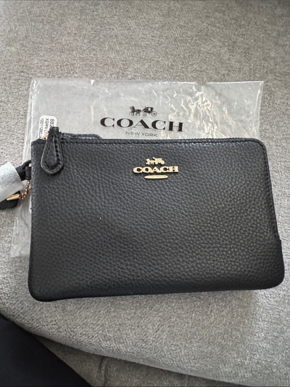 Coach Black Pebbled Leather Double Zip Pouch with Gold Logo New tags
